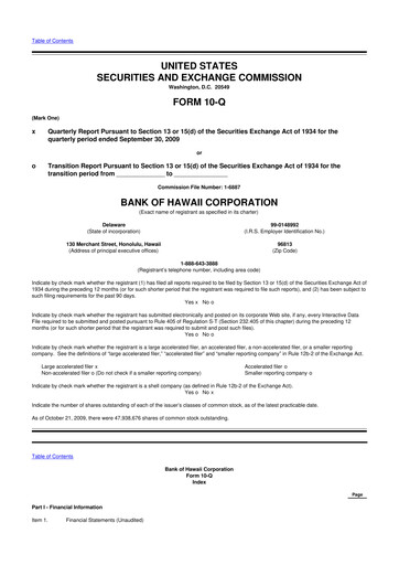 Thumbnail Bank of Hawaii
 10-Q Quarterly Report FY 