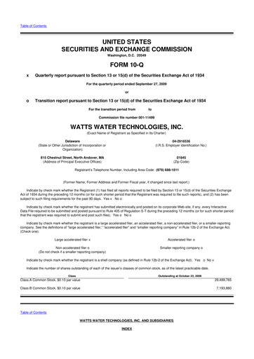 Miniature Watts Water Technologies
 10-Q Rapport trimestriel  