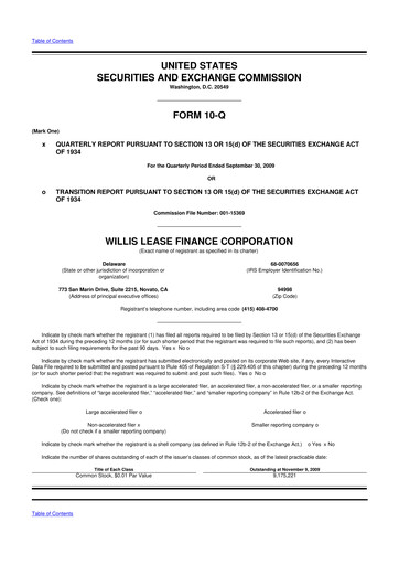 Thumbnail Willis Lease Finance Corporation 10-Q Quarterly Report FY 