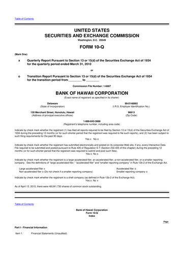 Thumbnail Bank of Hawaii
 10-Q Quarterly Report FY 