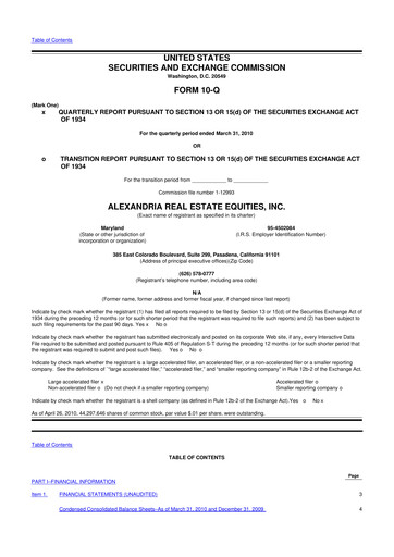 Thumbnail Alexandria Real Estate Equities
 10-Q Quarterly Report FY 