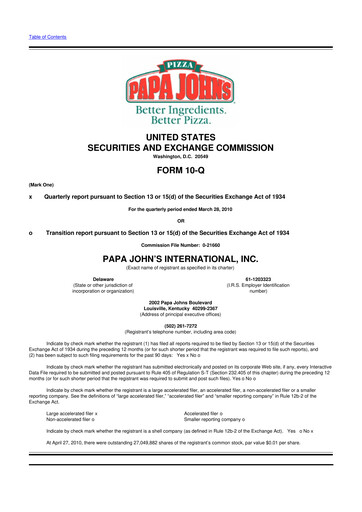 Thumbnail Papa John's Pizza
 10-Q Quarterly Report FY2010 