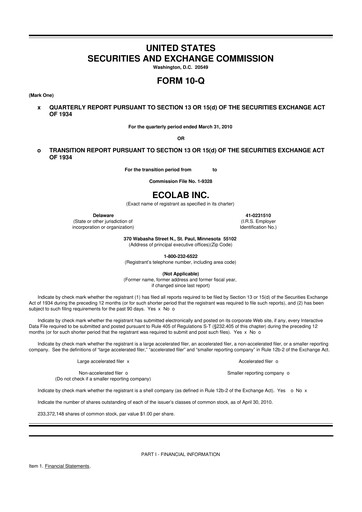 Miniature Ecolab 10-Q Rapport trimestriel 2010 