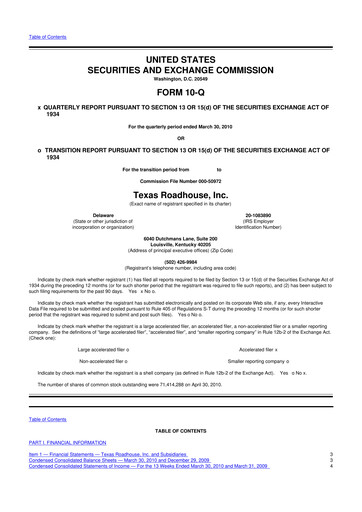 Thumbnail Texas Roadhouse
 10-Q Quarterly Report FY 