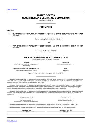 Thumbnail Willis Lease Finance Corporation 10-Q Quarterly Report FY 