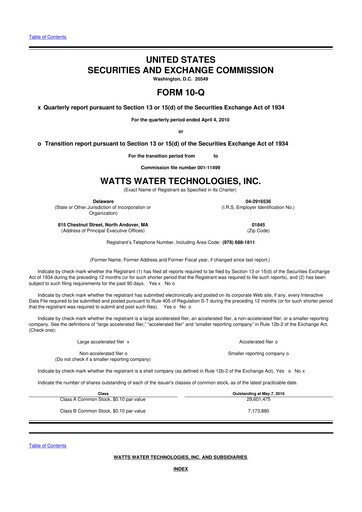 Miniature Watts Water Technologies
 10-Q Rapport trimestriel  