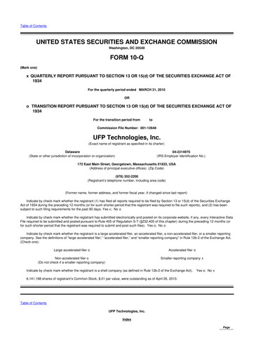 Thumbnail UFP Technologies
 10-Q Quarterly Report FY 