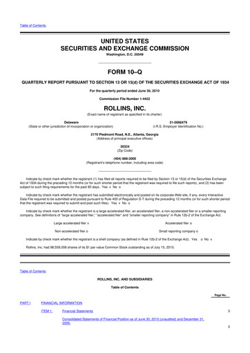 Miniature Rollins 10-Q Rapport trimestriel 2010 