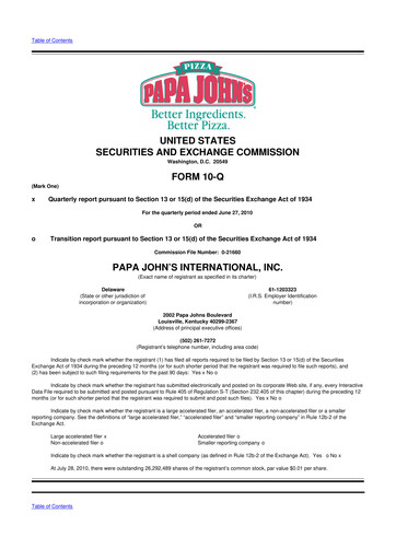 Thumbnail Papa John's Pizza
 10-Q Quarterly Report FY2010 