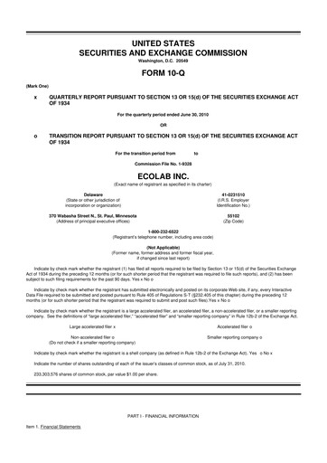 Miniature Ecolab 10-Q Rapport trimestriel 2010 