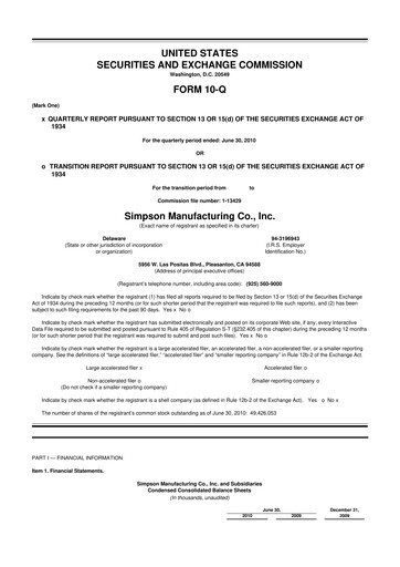 Thumbnail Simpson Manufacturing Company
 10-Q Quarterly Report FY2010 