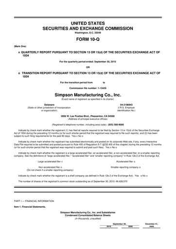 Thumbnail Simpson Manufacturing Company
 10-Q Quarterly Report FY2010 