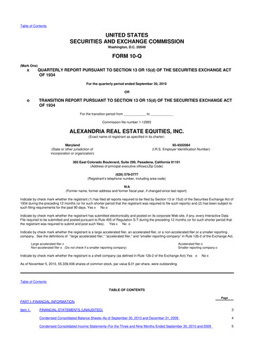 Thumbnail Alexandria Real Estate Equities
 10-Q Quarterly Report FY2010 