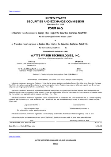 Miniature Watts Water Technologies
 10-Q Rapport trimestriel 2010 