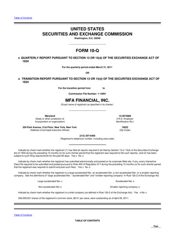 Thumbnail MFA Financial 10-Q Quarterly Report FY2011 