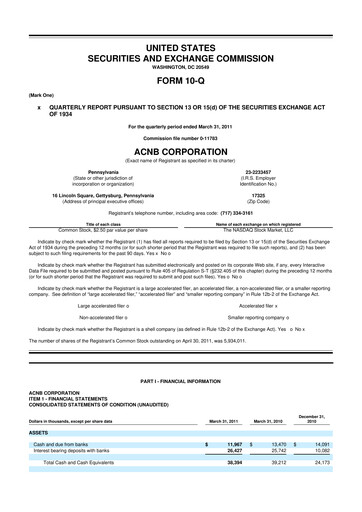 Thumbnail ACNB Corporation
 10-Q Quarterly Report FY 
