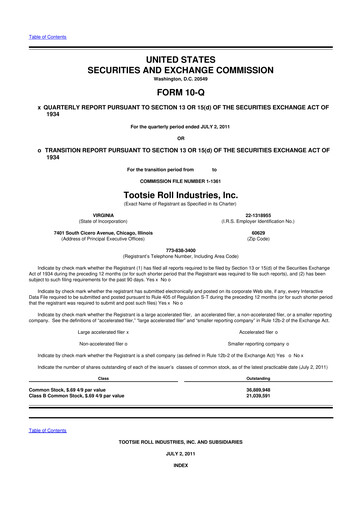Miniature Tootsie Roll Industries
 10-Q Rapport trimestriel 2011 