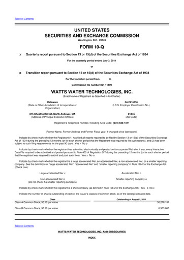 Miniature Watts Water Technologies
 10-Q Rapport trimestriel 2011 