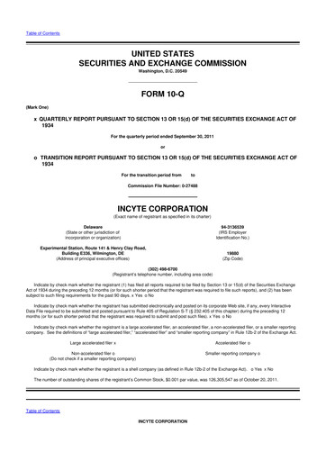 Thumbnail Incyte 10-Q Quarterly Report FY2011 