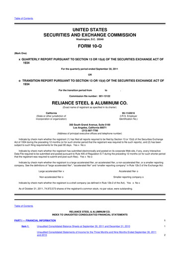 Thumbnail Reliance


 10-Q Quarterly Report FY2011 