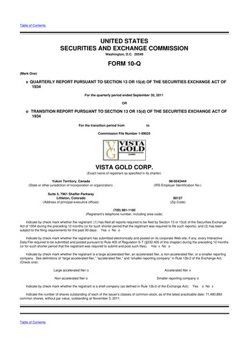 Miniature Vista Gold
 10-Q Rapport trimestriel 2011 