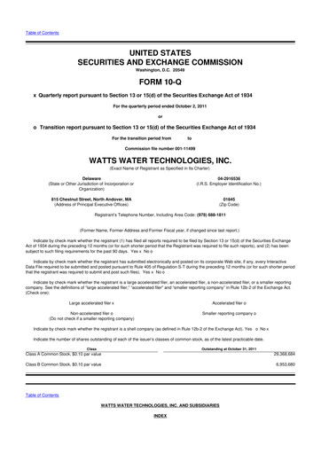 Miniature Watts Water Technologies
 10-Q Rapport trimestriel 2011 