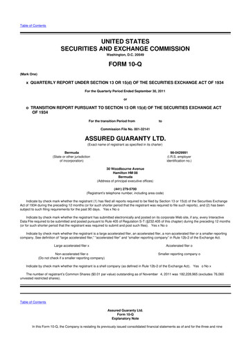 Miniature Assured Guaranty 10-Q Rapport trimestriel  