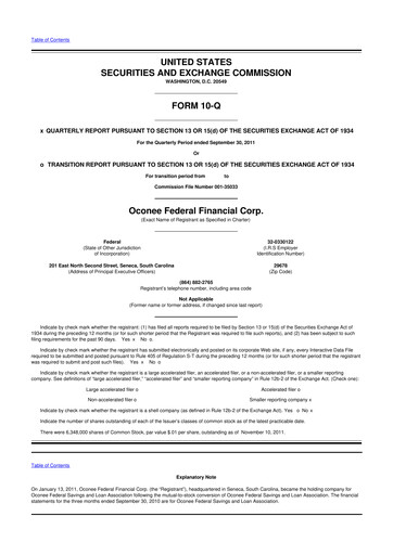 Thumbnail Oconee Federal Financial 10-Q Quarterly Report FY2012 