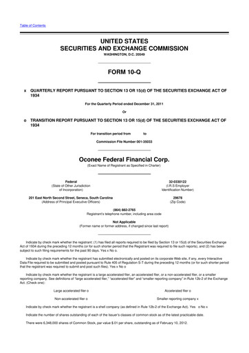 Thumbnail Oconee Federal Financial 10-Q Quarterly Report FY2012 