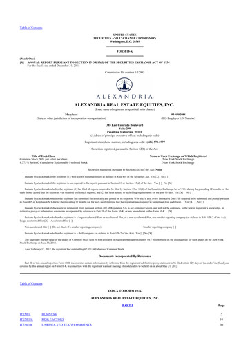 Thumbnail Alexandria Real Estate Equities
 10-K Annual Report 2011