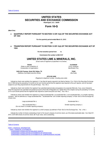 Thumbnail United States Lime & Minerals  10-Q Quarterly Report FY2012 