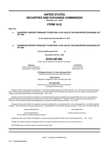 Miniature Ecolab 10-Q Rapport trimestriel 2012 