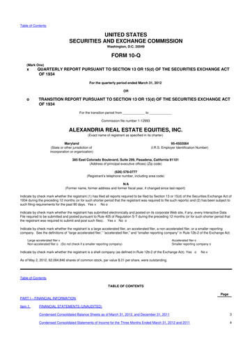 Thumbnail Alexandria Real Estate Equities
 10-Q Quarterly Report FY2012 