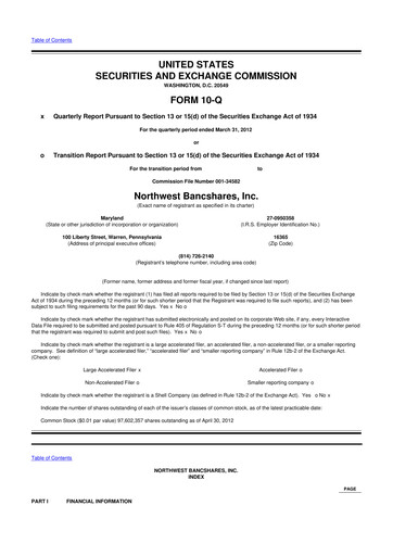 Thumbnail Northwest Bancshares
 10-Q Quarterly Report FY2012 