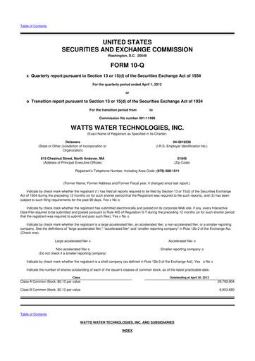 Miniature Watts Water Technologies
 10-Q Rapport trimestriel 2012 