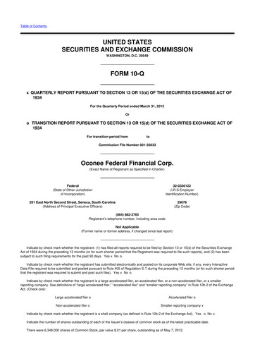 Thumbnail Oconee Federal Financial 10-Q Quarterly Report FY2012 