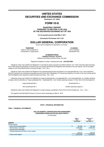 Miniature Dollar General 10-Q Rapport trimestriel 2012 