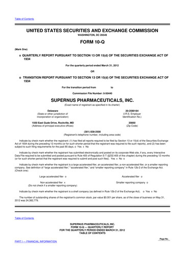 Thumbnail Supernus Pharmaceuticals
 10-Q Quarterly Report FY2012 