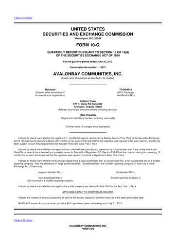 Miniature AvalonBay Communities 10-Q Rapport trimestriel 2012 