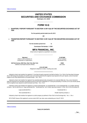 Thumbnail MFA Financial 10-Q Quarterly Report FY2012 