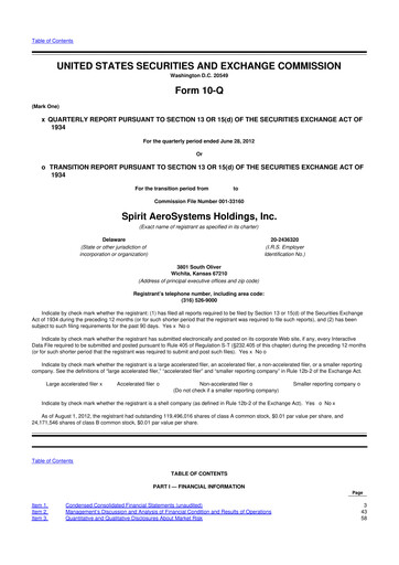 Miniature Spirit AeroSystems 10-Q Rapport trimestriel 2012 