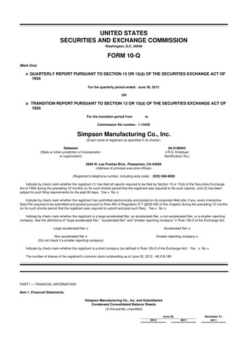 Thumbnail Simpson Manufacturing Company
 10-Q Quarterly Report FY2012 