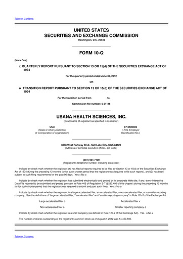 Thumbnail USANA 10-Q Quarterly Report FY2012 