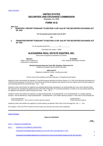 Thumbnail Alexandria Real Estate Equities
 10-Q Quarterly Report FY2012 