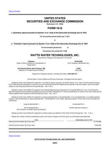 Miniature Watts Water Technologies
 10-Q Rapport trimestriel 2012 