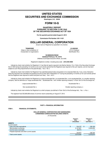 Miniature Dollar General 10-Q Rapport trimestriel 2012 