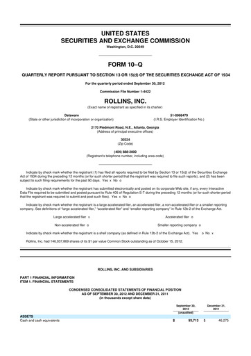 Miniature Rollins 10-Q Rapport trimestriel 2012 