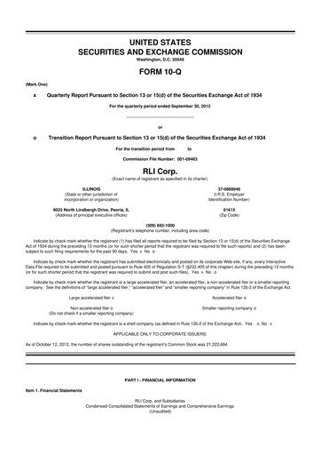 Thumbnail RLI Corp.
 10-Q Quarterly Report FY2012 