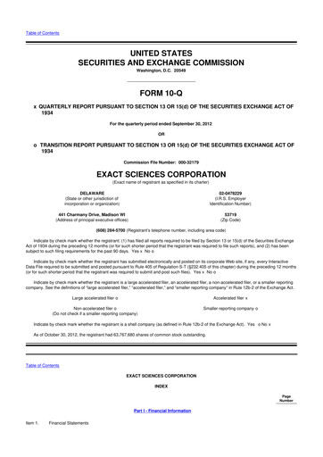 Miniature Exact Sciences 10-Q Rapport trimestriel 2012 