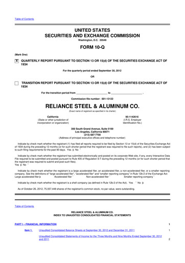 Thumbnail Reliance


 10-Q Quarterly Report FY2012 